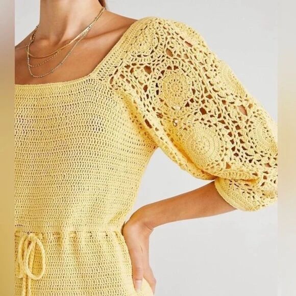 NWOT SPELL Let the Sunshine In Crochet Mini Dress. Color Lemon. Size Medium - Picture 5 of 11